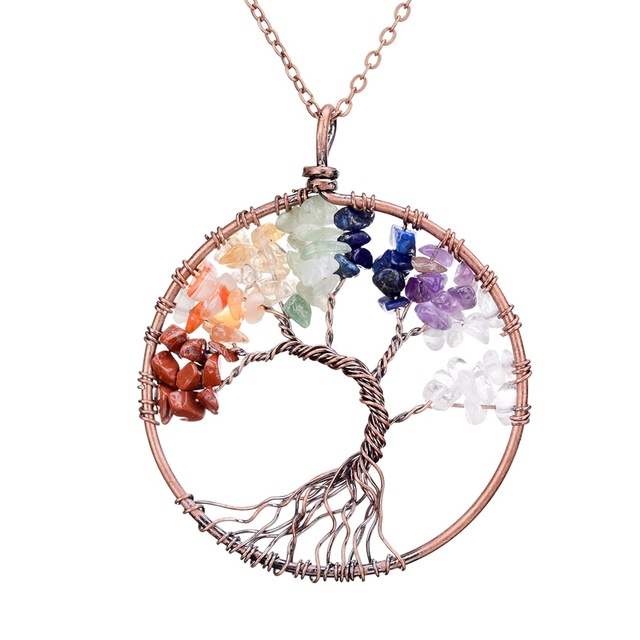 Chakra Tree of Life Pendant Necklace with Copper Crystal
