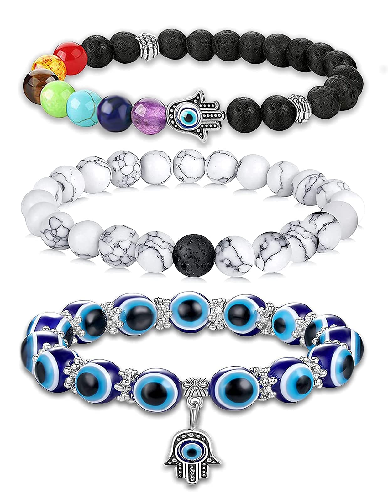 Evil Eye Bracelet Chakra Crystal Beaded Bracelet Set Hamsa Amulet Protection Jewelry