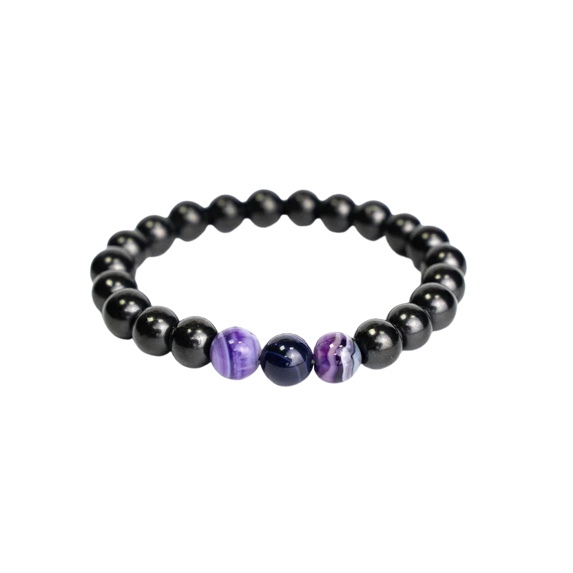 Shungite Elastic Stretchy Bracelet with 3 Purple Agate Beads